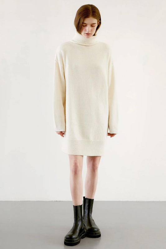 Cashmere Turtle Neck Sweater Dress in Ivory