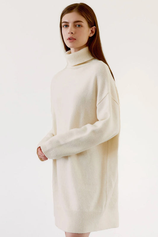 Cashmere Turtle Neck Sweater Dress in Ivory