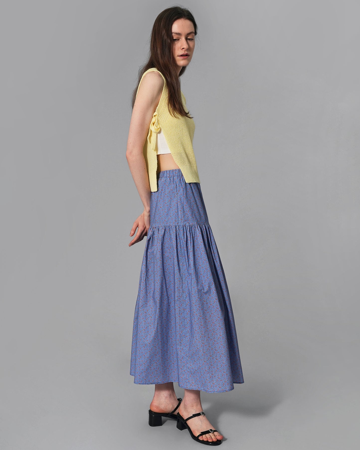 Floral Tiered Cotton Maxi Skirt - Flowing maxi skirt with floral tiers in Powder White and Lavender Blue, featuring a delicate and feminine design