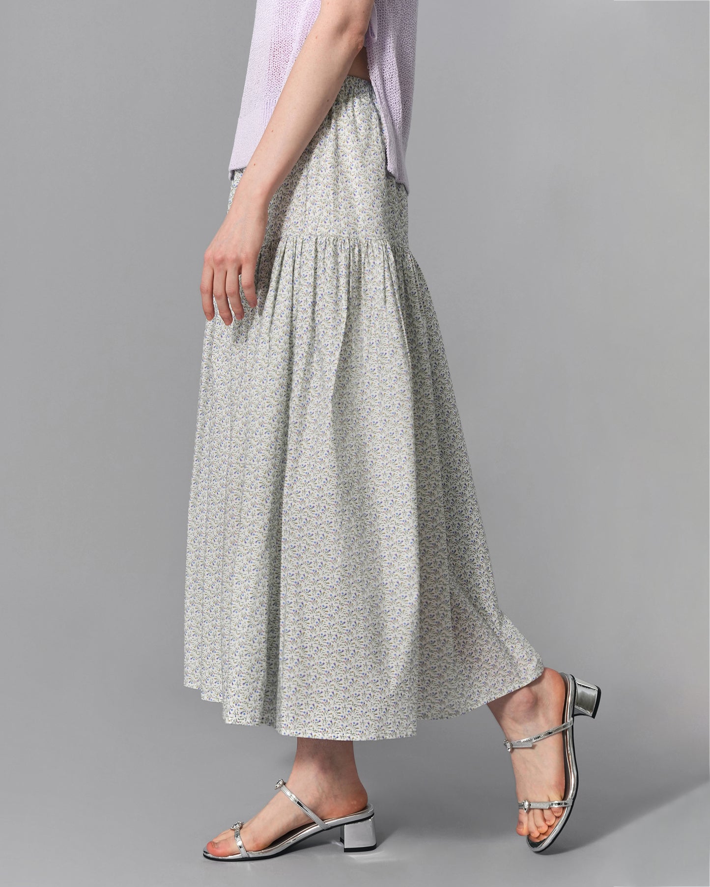 Floral Tiered Cotton Maxi Skirt - Flowing maxi skirt with floral tiers in Powder White and Lavender Blue, featuring a delicate and feminine design