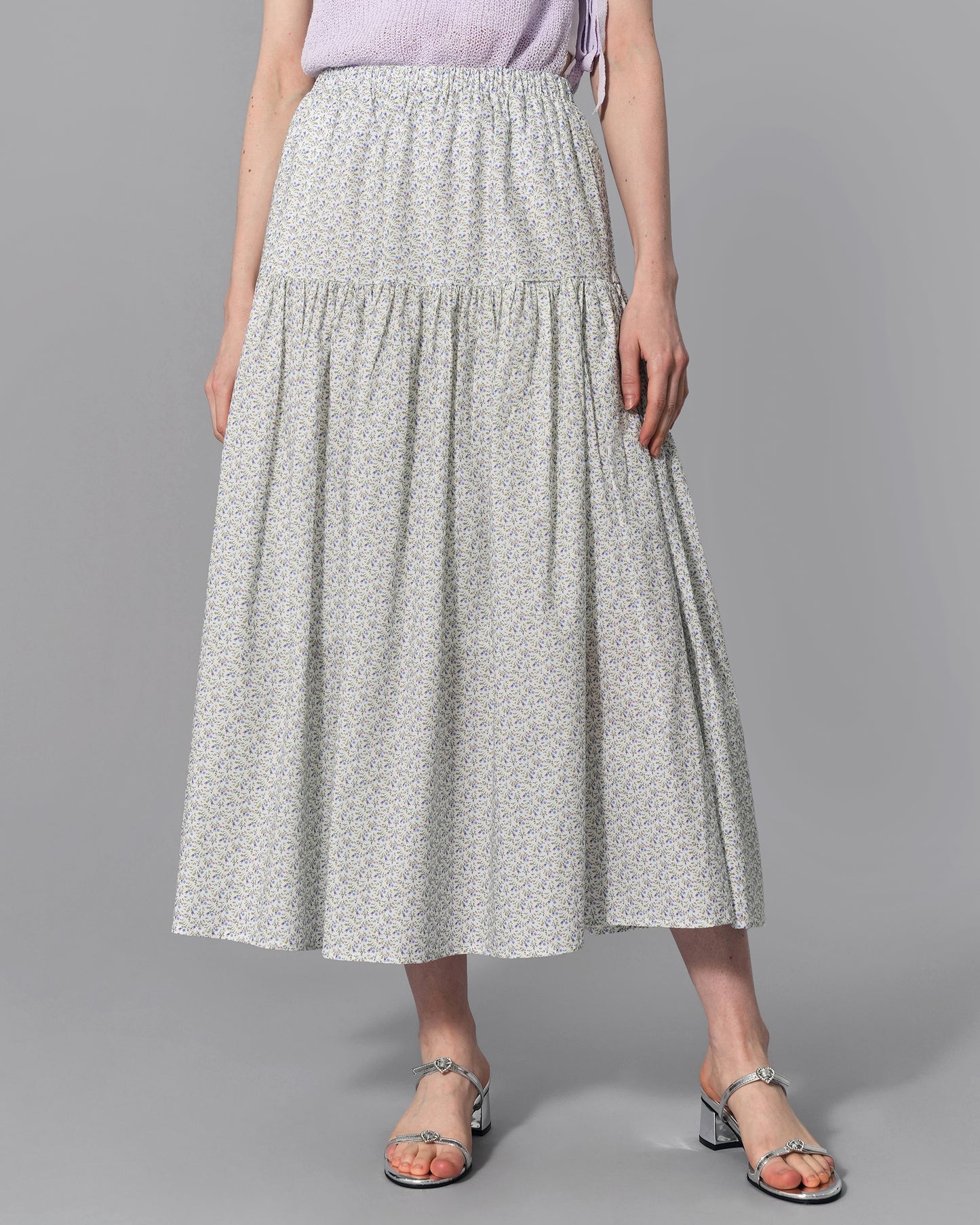 Floral Tiered Cotton Maxi Skirt - Flowing maxi skirt with floral tiers in Powder White and Lavender Blue, featuring a delicate and feminine design