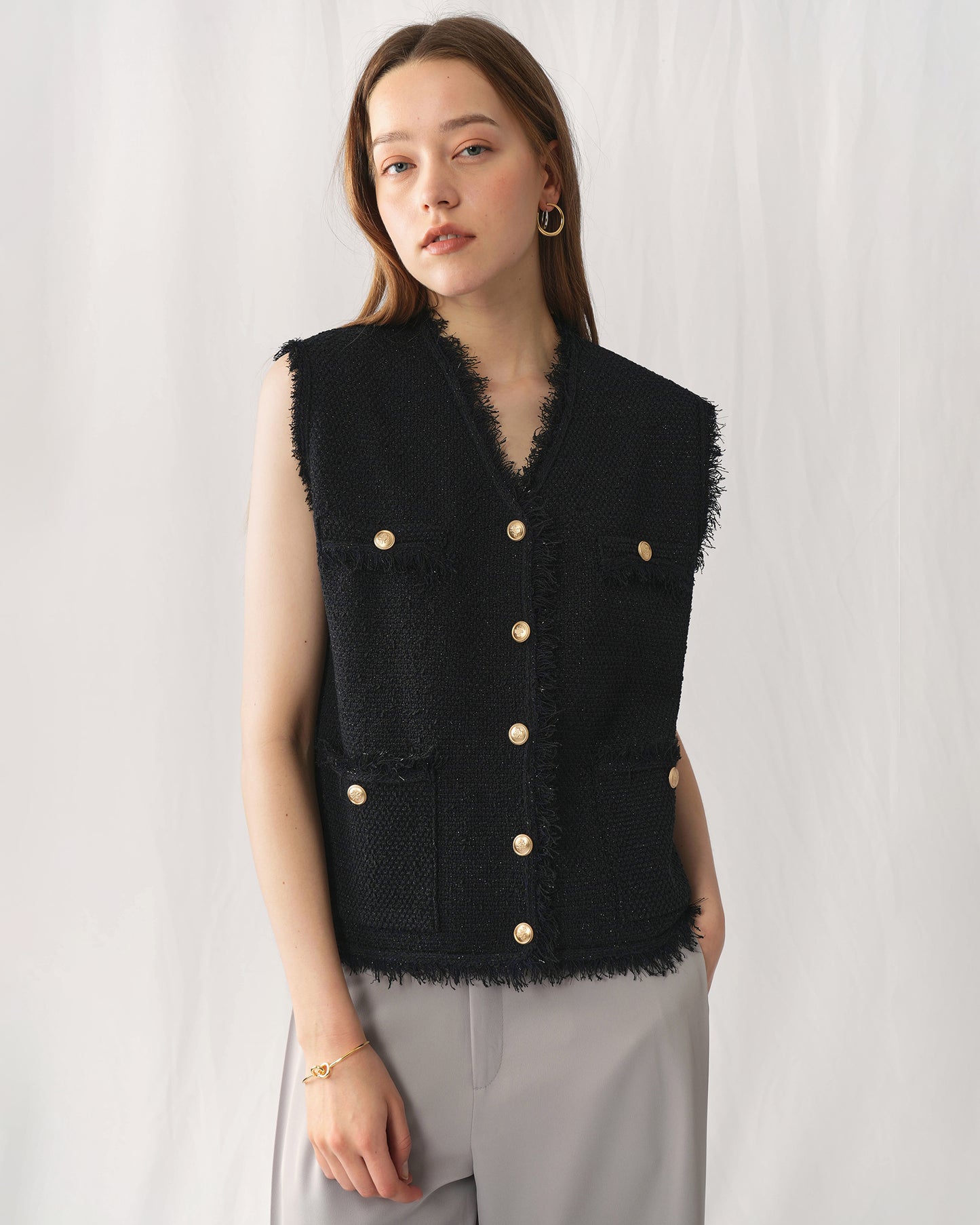 Black Tweed Vest With Gold Buttons