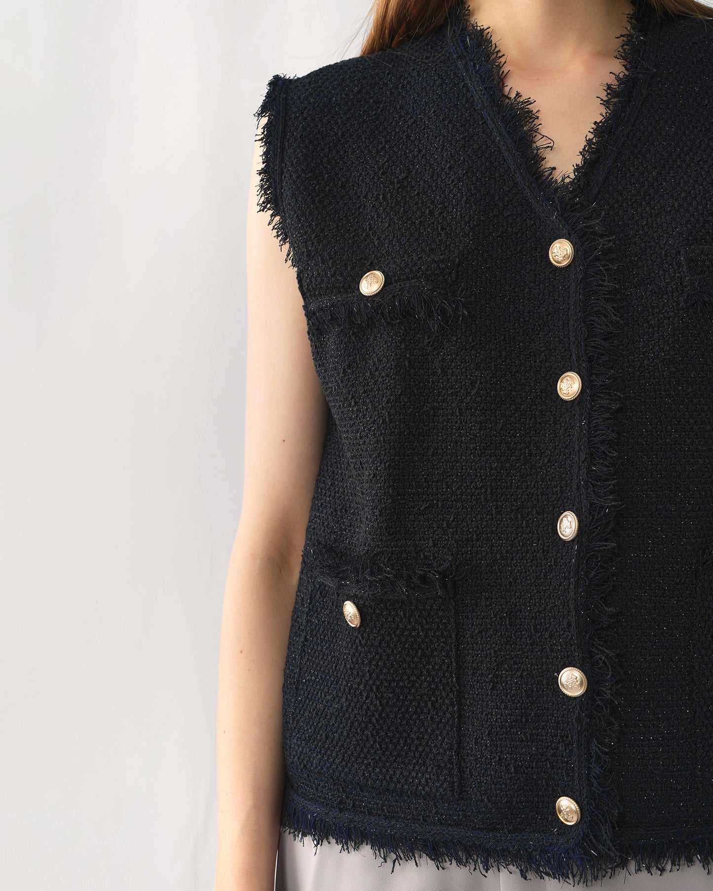 Black Tweed Vest With Gold Buttons