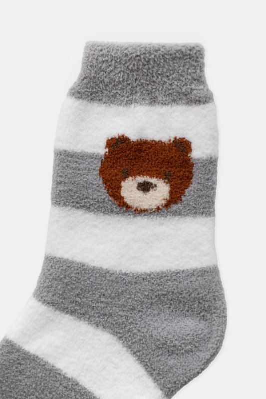 Stripe Bear Furry Socks, Grey