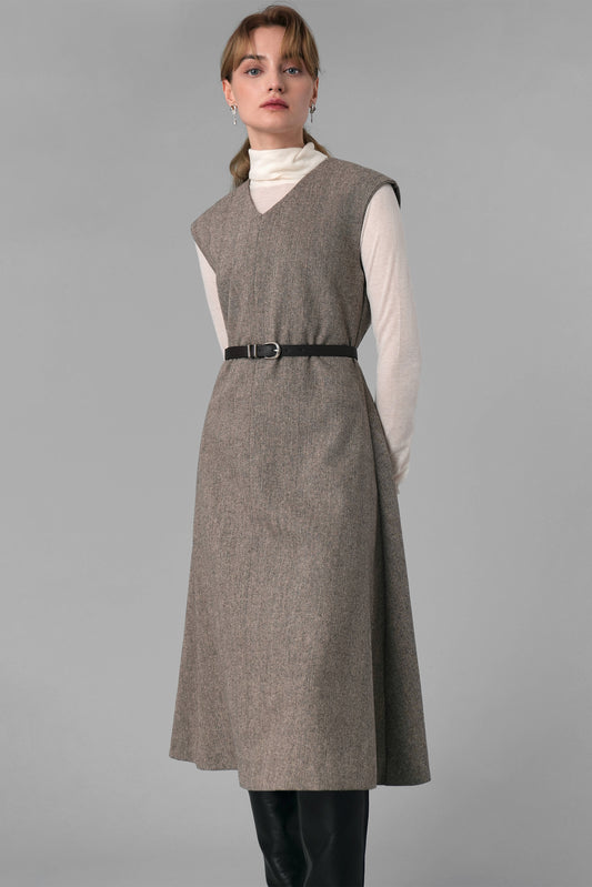 Hannah Herringbone Midi Dress, Brown