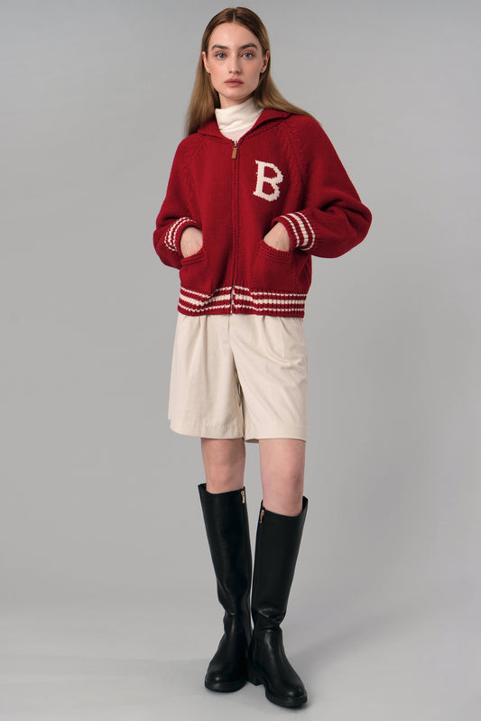 B Knit Zip-up Jacket, Red