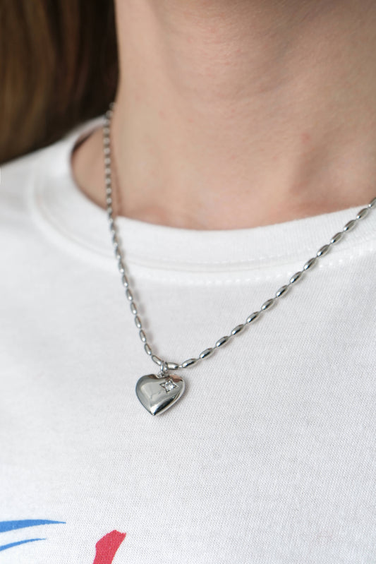 Puffed Heart Necklace, Silver