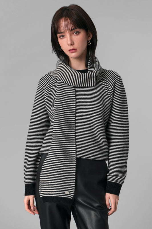 Striped Sweater and Muffler Set, Ivory & Black