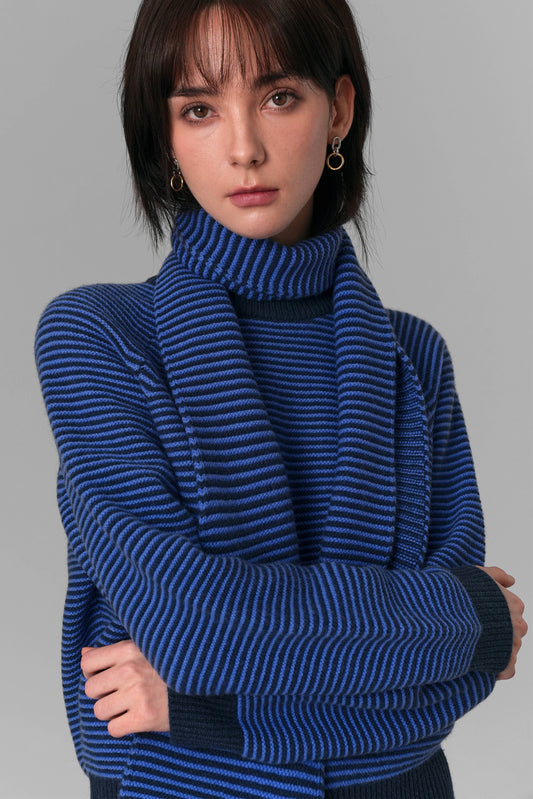 Striped Sweater and Muffler Set, Blue & Navy
