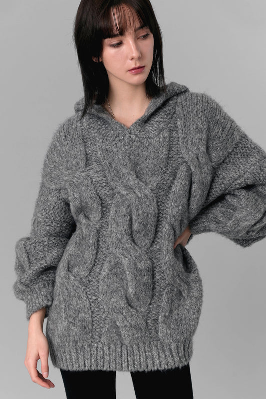 Aurora Twisted Knit Hooded Sweater, Grey