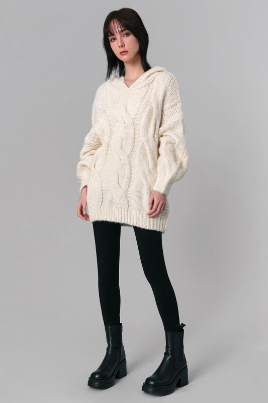 Aurora Twisted Knit Hooded Sweater, Ivory