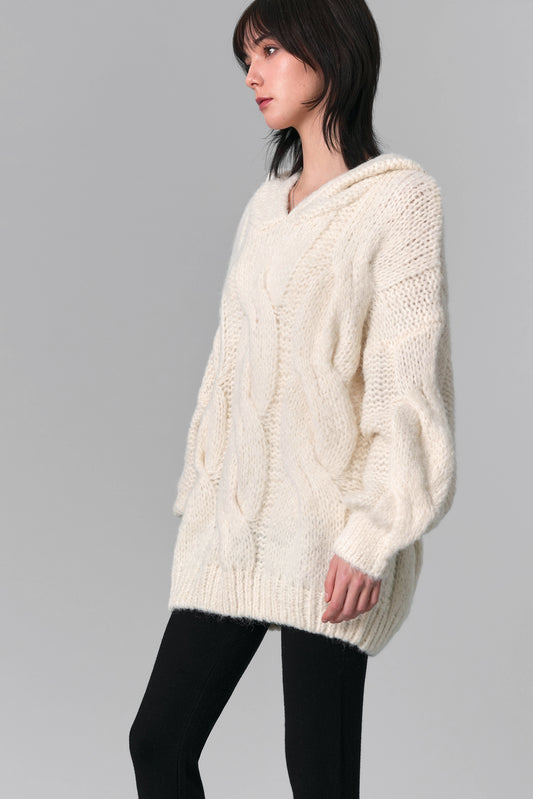 Aurora Twisted Knit Hooded Sweater, Ivory