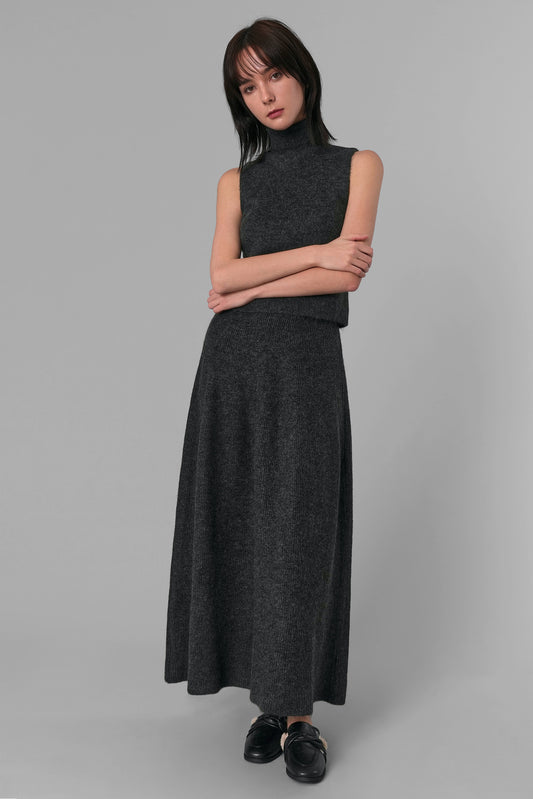 Turtleneck Knit Maxi Skirt Set, Charcoal