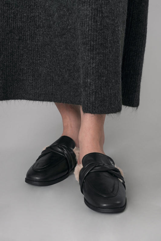 Twisted Leather Mules, Black