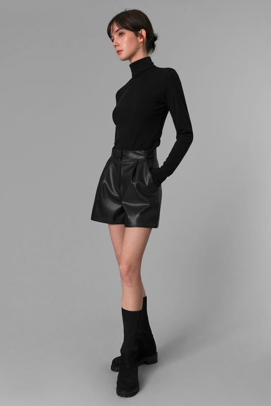 Pleated Faux Leather Shorts, Black
