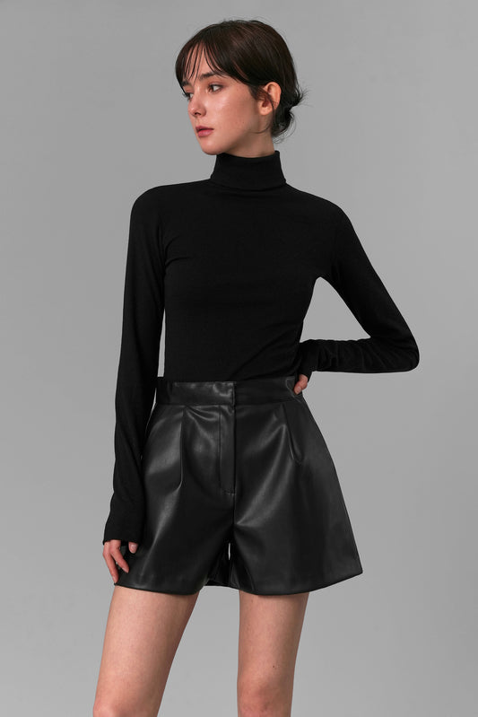 Pleated Faux Leather Shorts, Black