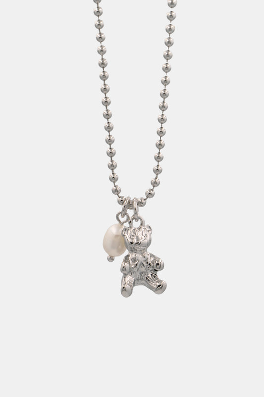 Pearl Teddy Bear Necklace, Silver