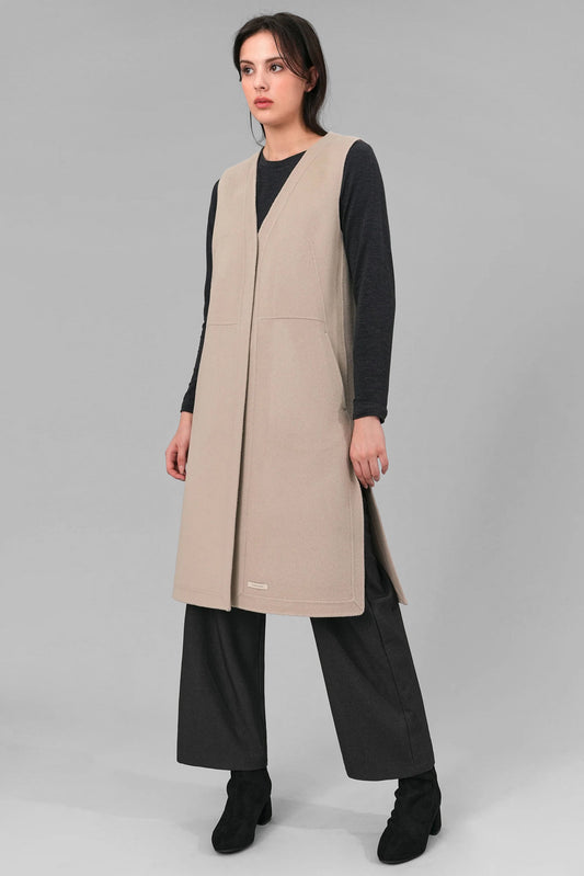 Naila Sleeveless Wool Coat, Beige