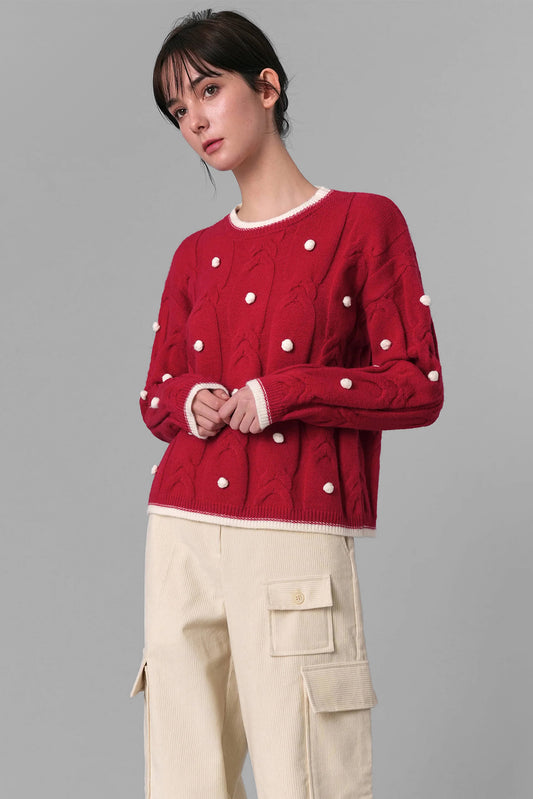 Knitted PomPom Sweater, Red