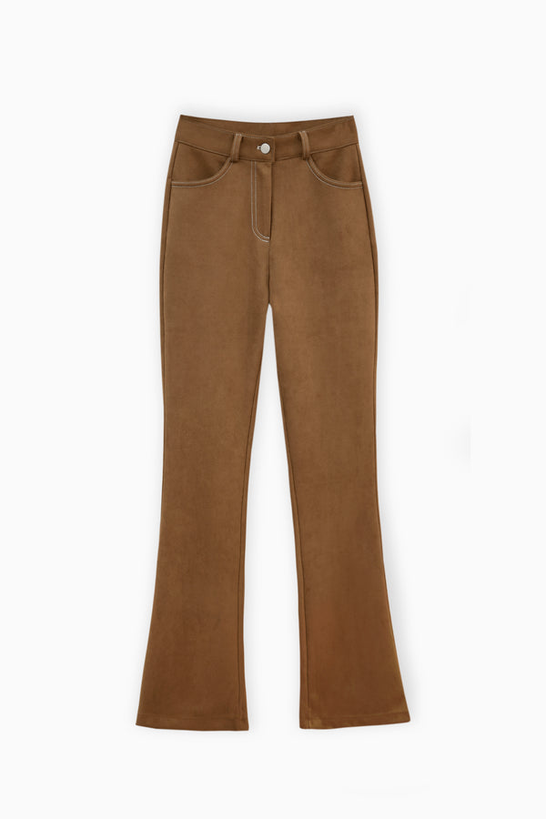 Faux Suede Bootcut Pants in Tawny Brown